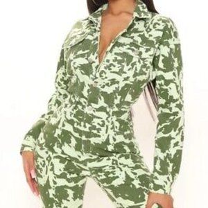 Green Cow Print Denim Button Up Jumpsuit